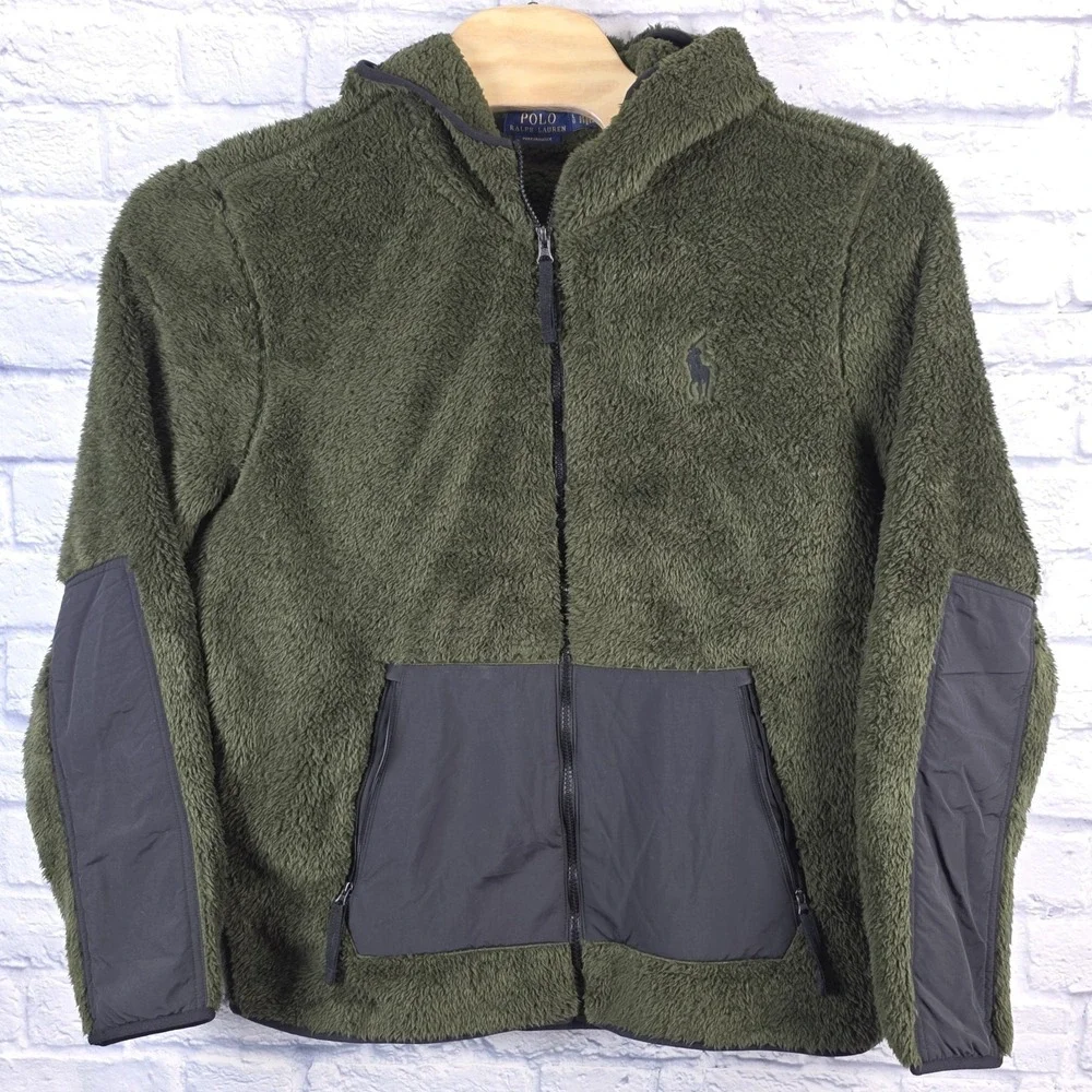Polo Ralph Lauren Performance Olive Green‎ Hooded Fleece Retro Pile Jacket Large